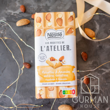 Крафтовый швейцарский шоколад Nestle L`atelier белый с карамелью, миндалем и лесным орехом 170 г